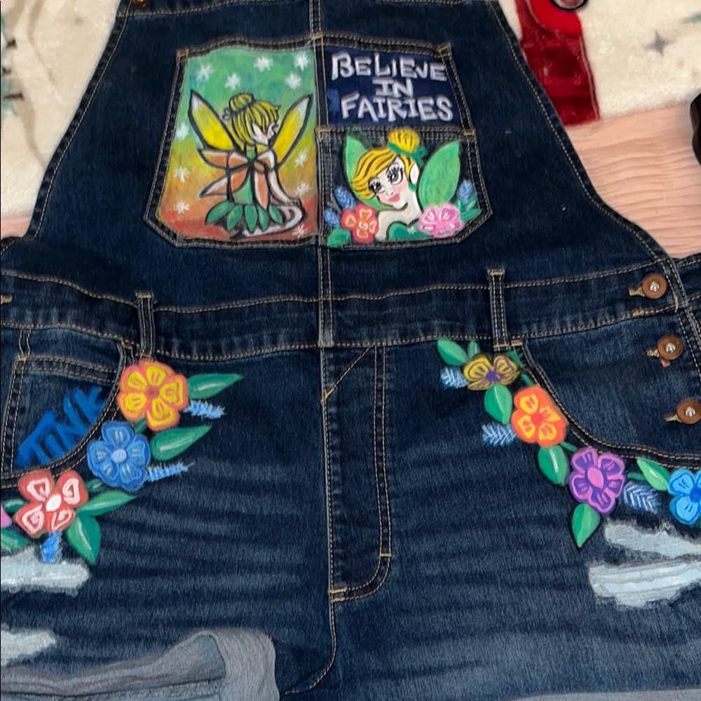 Whimsical Denim Overalls with Fairy Art